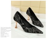 Lace Mid-Heel Single Shoes Pointed Toe Irregular Pattern Stiletto Professional Women'S Single Shoes