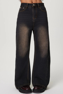 Black And Gray Embroidered Jeans For Women, Washed And Distressed, Loose High Waist Wide Leg Pants