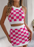 Contrast Color Plaid Belly-Baring Top Hip Skirt Knitted Two-Piece Suit