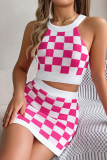Contrast Color Plaid Belly-Baring Top Hip Skirt Knitted Two-Piece Suit
