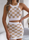 Contrast Color Plaid Belly-Baring Top Hip Skirt Knitted Two-Piece Suit