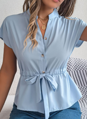 Casual Solid Color Button Drawstring Short Sleeve Shirt Top