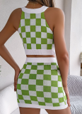 Contrast Color Plaid Belly-Baring Top Hip Skirt Knitted Two-Piece Suit