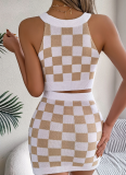 Contrast Color Plaid Belly-Baring Top Hip Skirt Knitted Two-Piece Suit