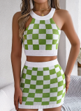 Contrast Color Plaid Belly-Baring Top Hip Skirt Knitted Two-Piece Suit
