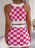 Contrast Color Plaid Belly-Baring Top Hip Skirt Knitted Two-Piece Suit