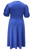 Blue Stylish Elegant Solid Color Round Neck Short Sleeve Plus Size Dress