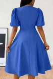 Blue Stylish Elegant Solid Color Round Neck Short Sleeve Plus Size Dress