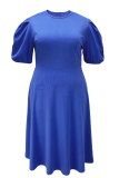 Blue Stylish Elegant Solid Color Round Neck Short Sleeve Plus Size Dress