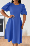 Blue Stylish Elegant Solid Color Round Neck Short Sleeve Plus Size Dress