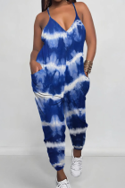 Blue Fashionable And Comfortable Suspenders Printed Large Size Jumpsuit