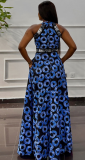 Blue Printed Waisted Front Slit A-Line Dress