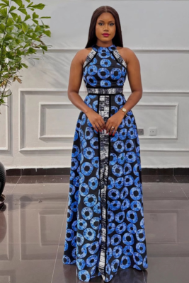 Blue Printed Waisted Front Slit A-Line Dress