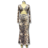 Tiger Print Hoop Ear-hemmed Navel-baring Long Skirt Suit