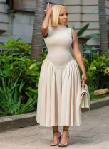 Stand-up Collar Elegant Pleated Patchwork Waist Long Skirt Dress