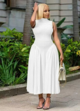 Stand-up Collar Elegant Pleated Patchwork Waist Long Skirt Dress
