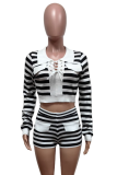 Fashionable Elastic Striped Tie Lapel Long-Sleeved Top Shorts Sweater Two-Piece Set