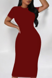 Fashion O-Neck Tight Solid Color Short-Sleeved Dress