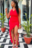 Slim Fit Pure Color Sexy V-Neck Ruffled Slit Dress