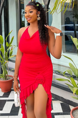 Slim Fit Pure Color Sexy V-Neck Ruffled Slit Dress