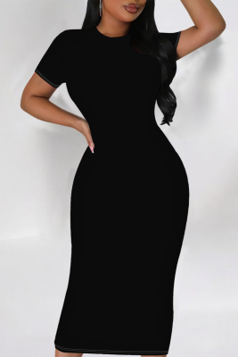 Fashion O-Neck Tight Solid Color Short-Sleeved Dress