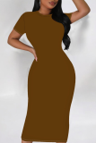 Fashion O-Neck Tight Solid Color Short-Sleeved Dress
