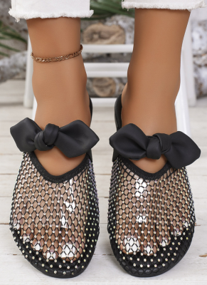 Fashionable Mesh Hollow Toe Flat Bow Slippers