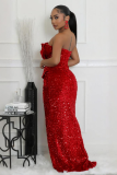 Sequined Evening Dress Sexy Strapless Irregular Train Dress