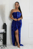 Sequined Evening Dress Sexy Strapless Irregular Train Dress
