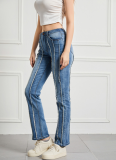 Fashionable Raw Edge Stitching Slimming High Waist High Elastic Denim Trousers