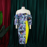 Fashion Printed One-line Collar Strapless Off-shoulder Dress