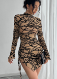 Stylish Slim Side Drawstring Long Sleeve Irregular Dress