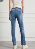 Fashionable Raw Edge Stitching Slimming High Waist High Elastic Denim Trousers