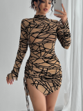 Stylish Slim Side Drawstring Long Sleeve Irregular Dress