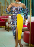 Fashion Printed One-line Collar Strapless Off-shoulder Dress