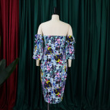 Fashion Printed One-line Collar Strapless Off-shoulder Dress