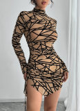 Stylish Slim Side Drawstring Long Sleeve Irregular Dress