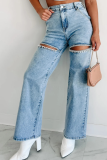New Chain-strap Ripped Straight Washed Fashion High-waist Jeans