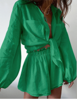 Casual Solid Color Ruffled Shorts Shirt Early Spring Lazy Style Suit