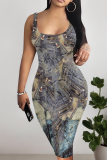 Temperament Casual Printed Sleeveless Suspender Midi Skirt