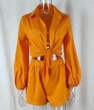 Casual Solid Color Ruffled Shorts Shirt Early Spring Lazy Style Suit