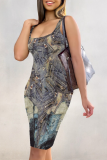 Temperament Casual Printed Sleeveless Suspender Midi Skirt