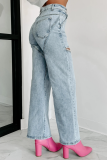 New Chain-strap Ripped Straight Washed Fashion High-waist Jeans