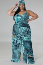 Sleeveless V-Neck Thin Sling Print Wide-Leg Jumpsuit (With Headscarf)