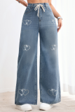 Blue Beaded Metallic Washed High-Rise Straight Denim Trousers