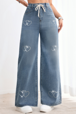 Blue Beaded Metallic Washed High-Rise Straight Denim Trousers