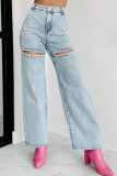 New Chain-strap Ripped Straight Washed Fashion High-waist Jeans