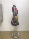 2025 Printed Round Neck Waist Tie Pleated Ruffle Retro Dress