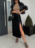 Sexy Buttoned Irregular Slit Denim Skirt