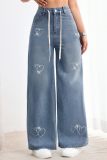 Blue Beaded Metallic Washed High-Rise Straight Denim Trousers